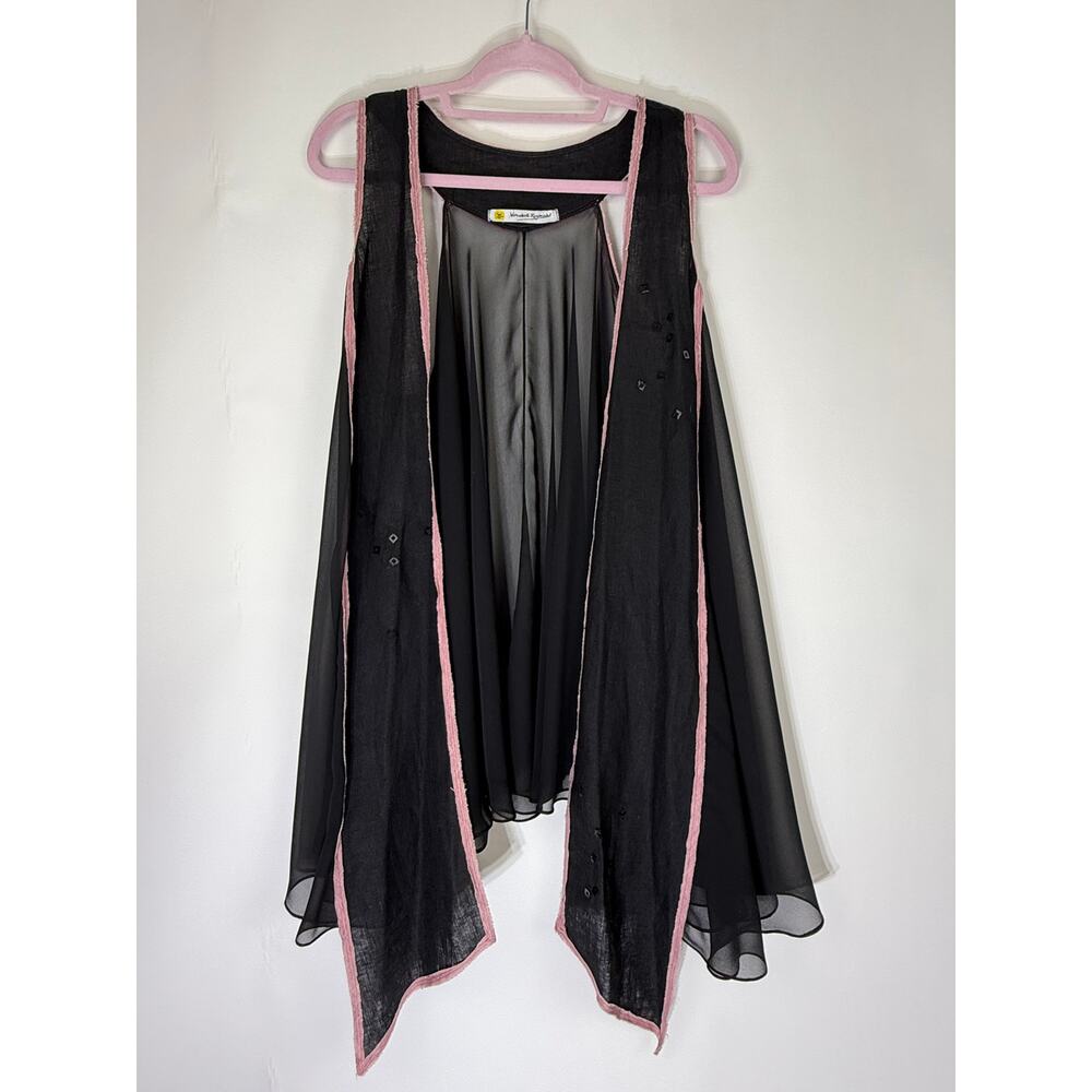 Wendell Rodricks Black Sheer Pink & Sequins Detail Tiered Open Light Vest Size L
